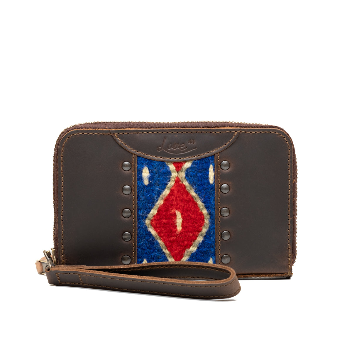 Lanita Thin Wallet in Dark Coffee Brown, front view with woven diamond panel, studs and wrist strap
