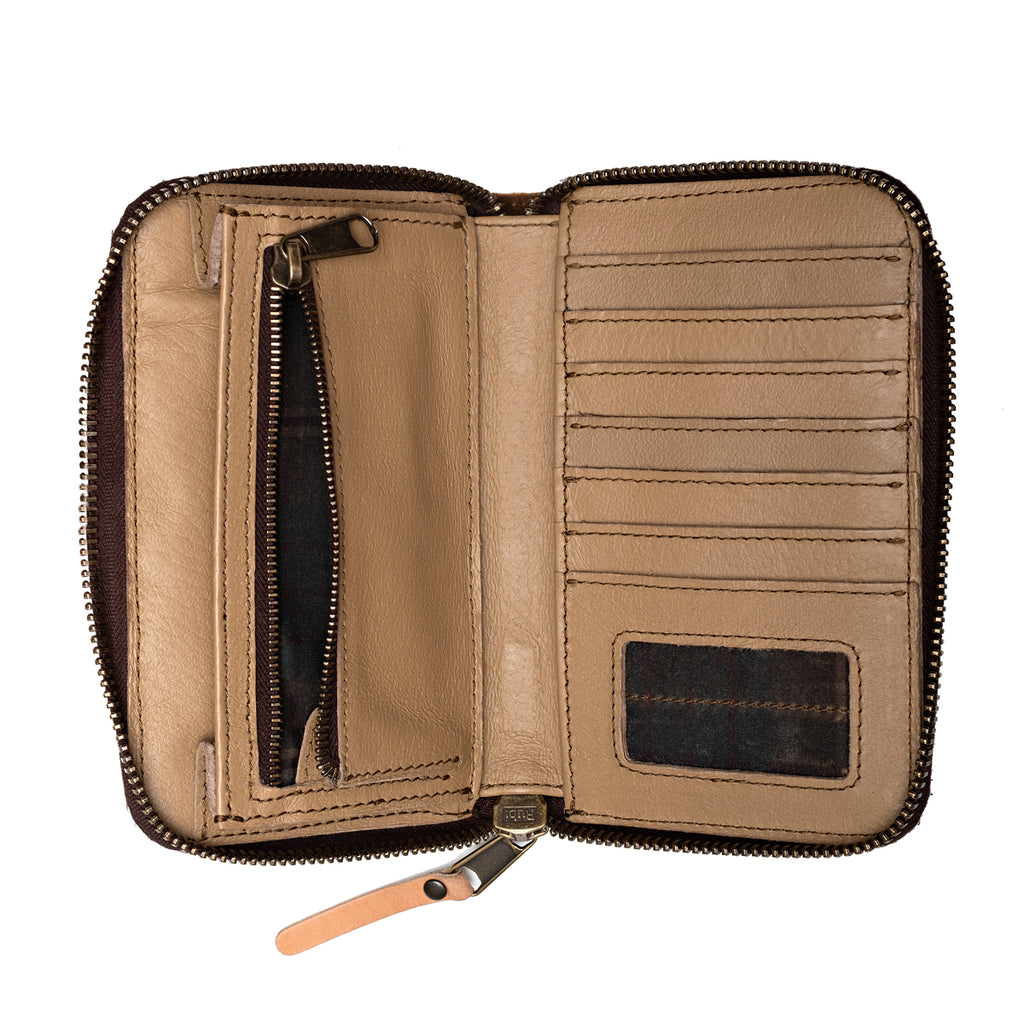Lanita Thin Wallet in Dark Coffee Brown, open interior with card slots, zip pocket and ID window