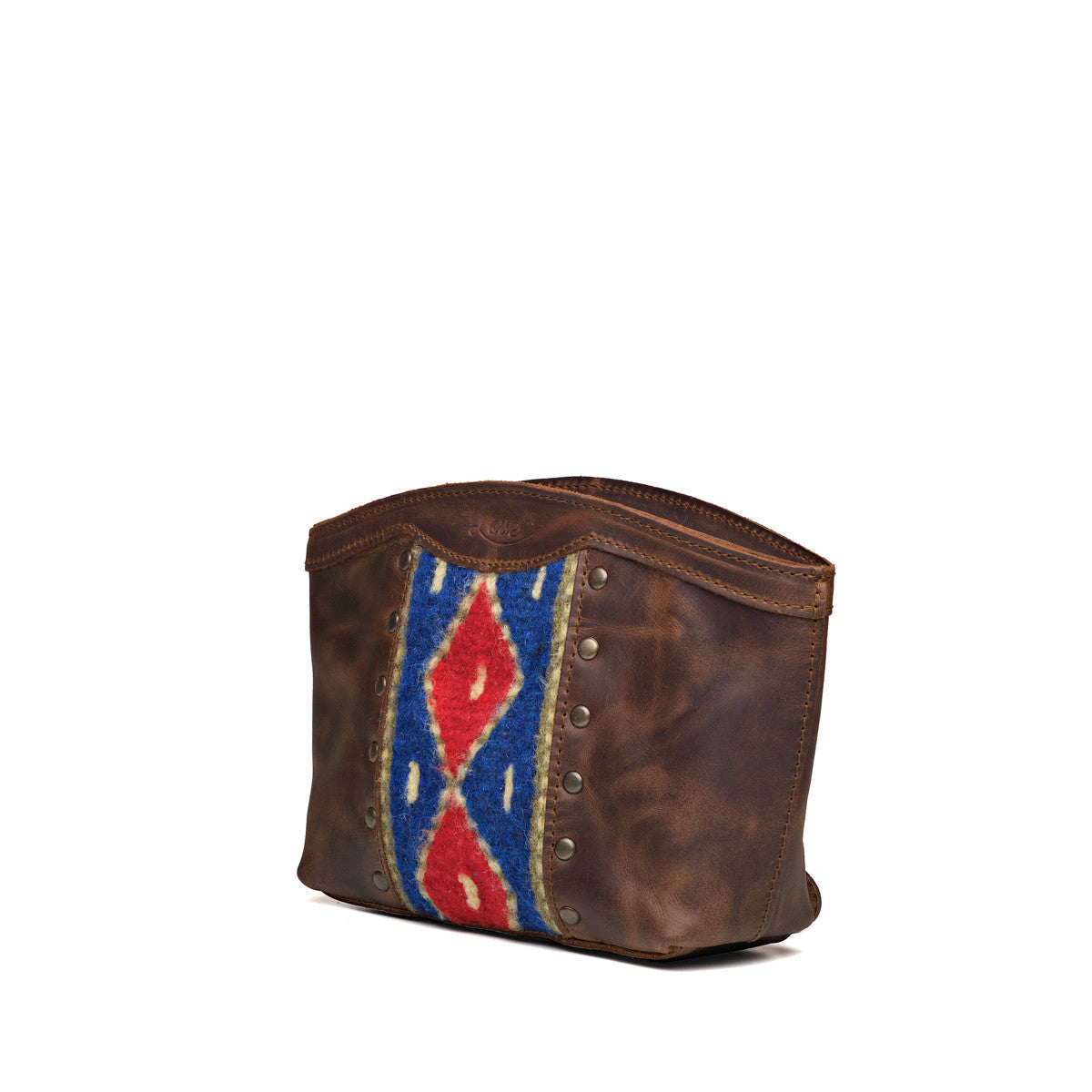 Lanita Leather Clutch in Dark Coffee Brown, angled front view with woven panel and studs