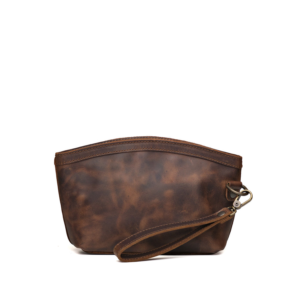Lanita Leather Clutch in Dark Coffee Brown, plain back view with wrist strap