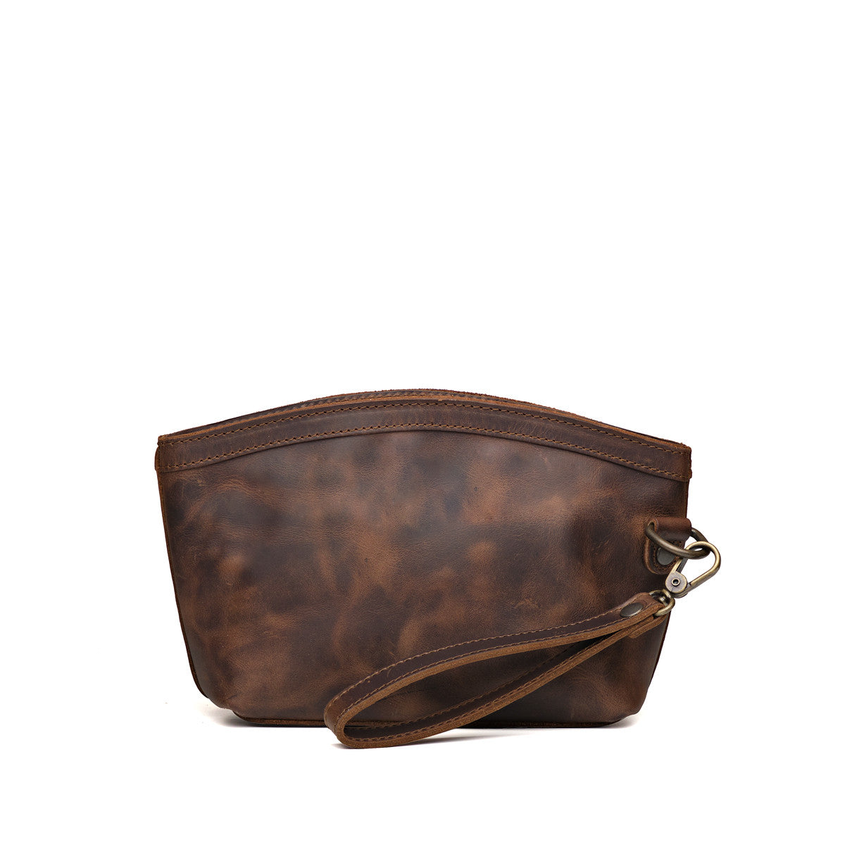 Lanita Leather Clutch in Dark Coffee Brown, plain back view with wrist strap