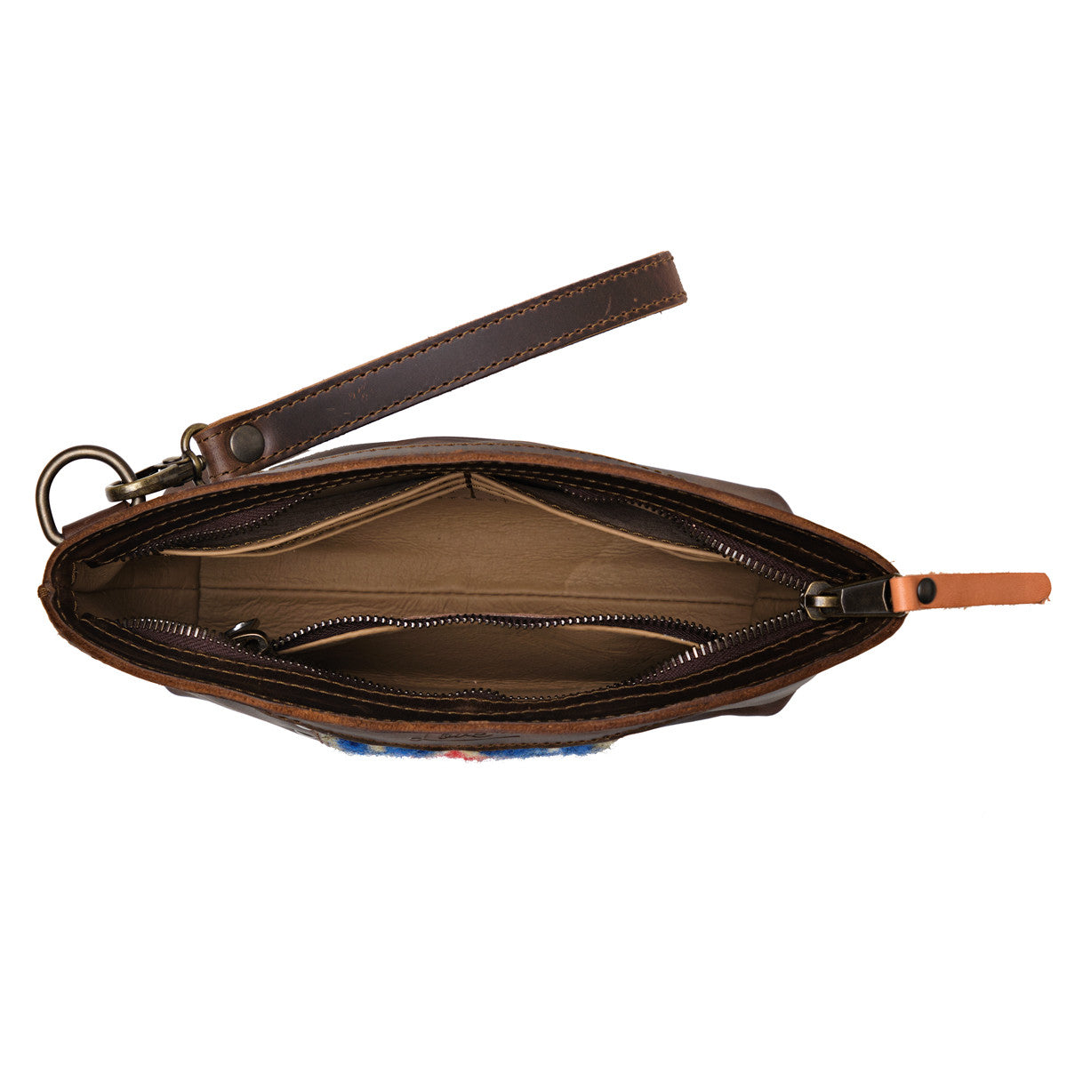 Lanita Leather Clutch in Dark Coffee Brown, top-down view of empty unzipped interior with wrist strap