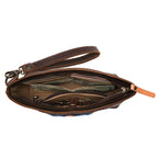Lanita Leather Clutch in Dark Coffee Brown, top-down view of unzipped interior holding cash and coins