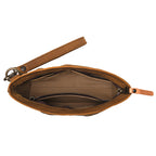 Lanita Leather Clutch in Tobacco, top-down view of unzipped interior with wrist strap