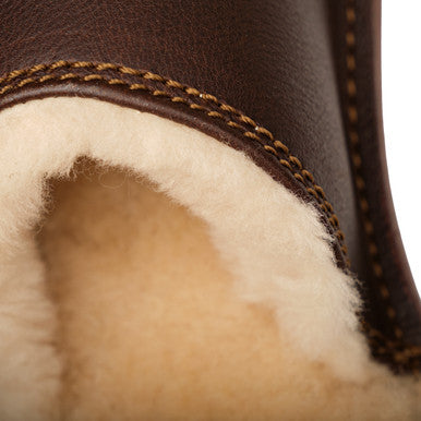 Women's Sheepskin Slipper in Dark Coffee Brown, close-up of the stitched leather and fleece lining