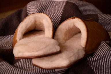 Women's Sheepskin Slippers in Tobacco, back view showing shearling lining