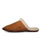 Women's Sheepskin Slipper in Tobacco, side view with fleece lining