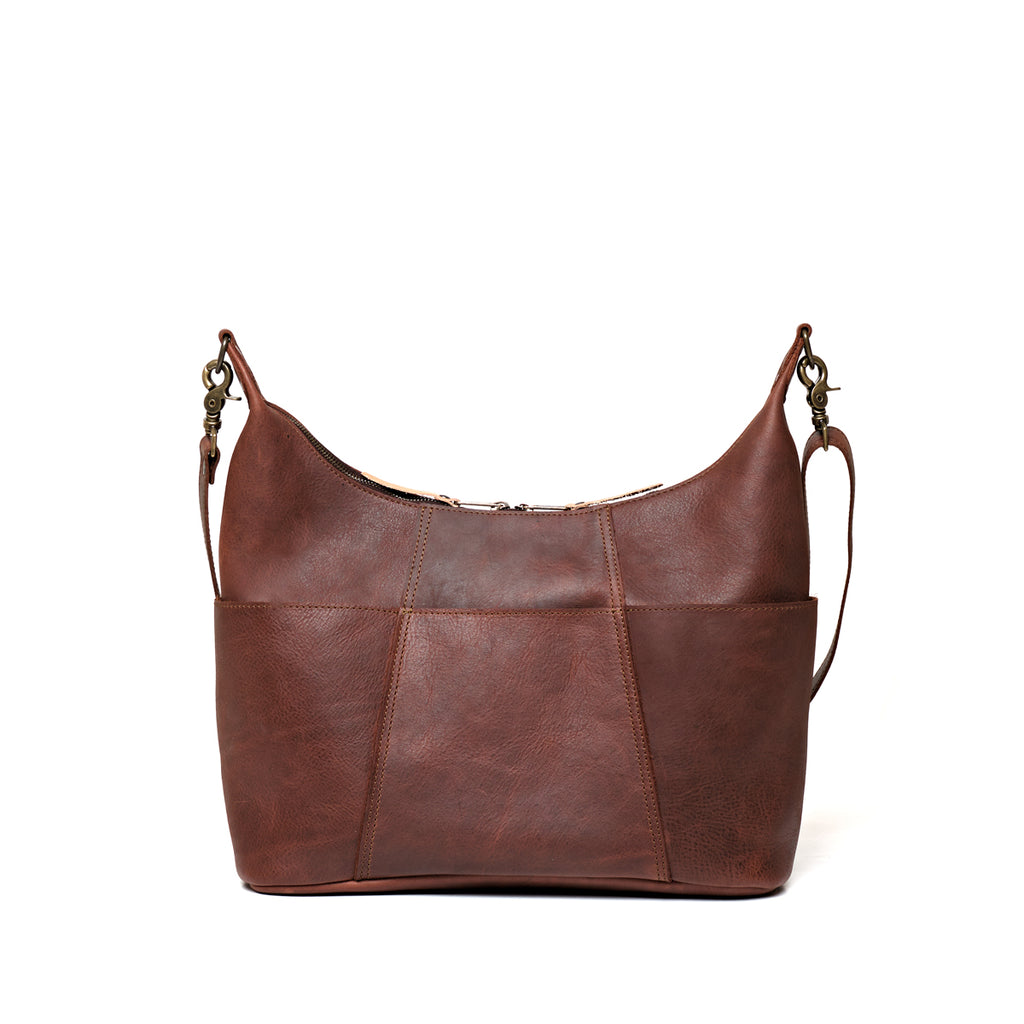 Women's Hobo Organizer Bag in Chestnut, back view with exterior pockets and strap clips