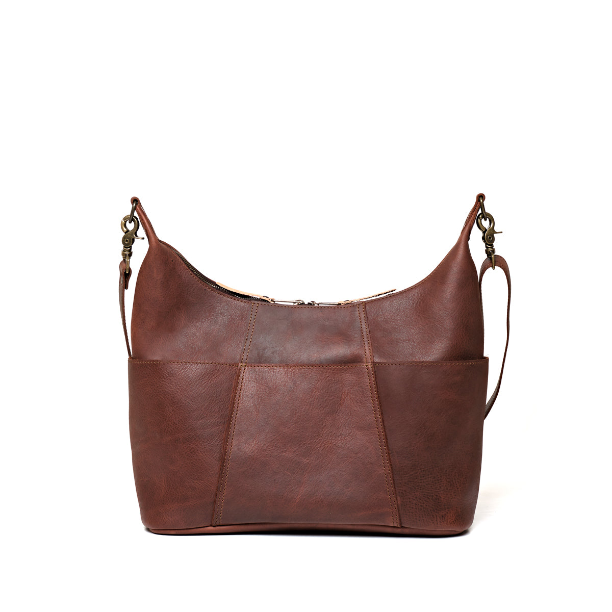 Women's Hobo Organizer Bag in Chestnut, back view with exterior pockets and strap clips