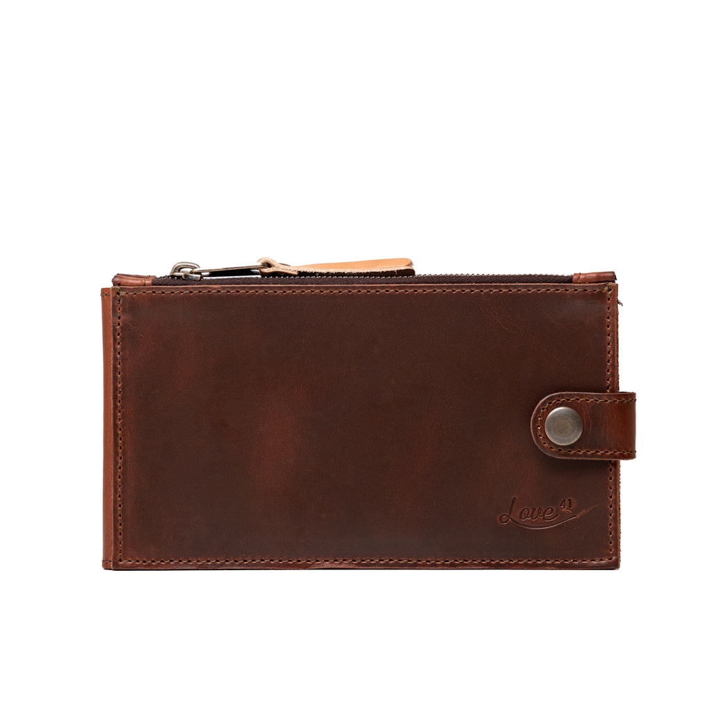 Leather Long Wallet in Chestnut, front view showing zipper pull and snap closure