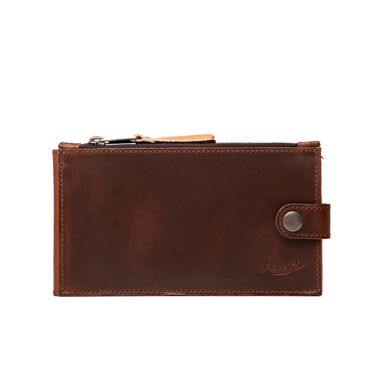 Leather Long Wallet in Chestnut, front view showing zipper pull and snap closure