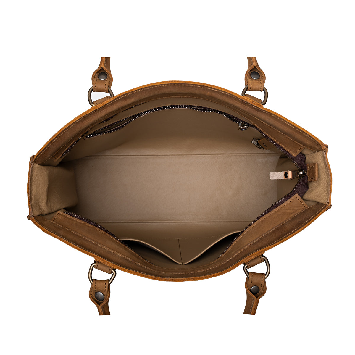 Women's Work Tote in Tobacco, top-down view of empty interior with zip pocket and slip pockets