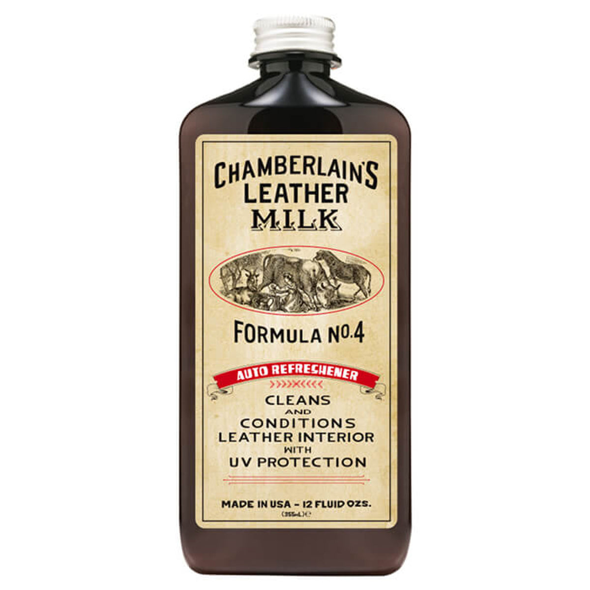 Chamberlain's Auto Refreshener No 4, front of the amber bottle with vintage label for cleaning leather interiors