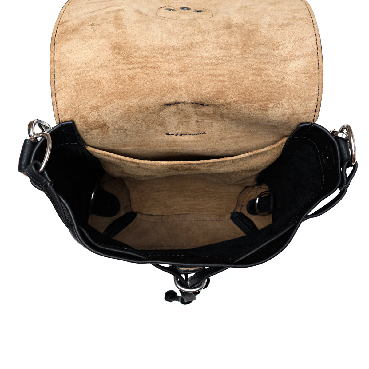 10" Convertible Crossbody in Black, top view open and empty showing suede lining and interior pockets