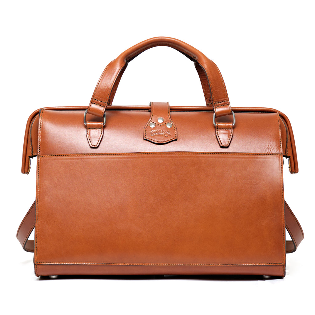 Blackstone Barrister Briefcase in English Tan, back view with full-width slip pocket and top handles