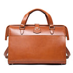 Blackstone Barrister Briefcase in English Tan, back view with full-width slip pocket and top handles