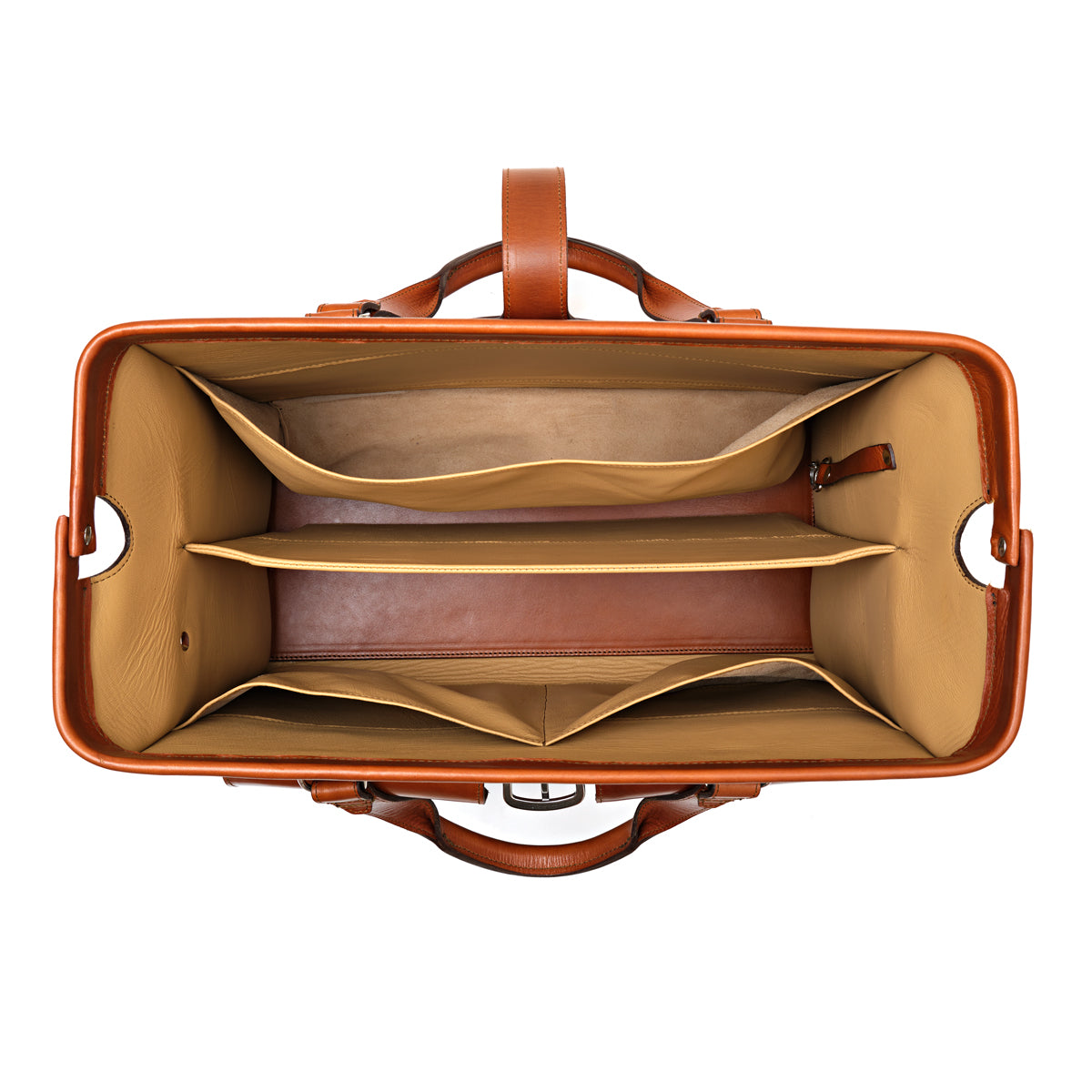 Blackstone Barrister Briefcase in English Tan, top-down view of the open frame mouth showing tan-lined compartments