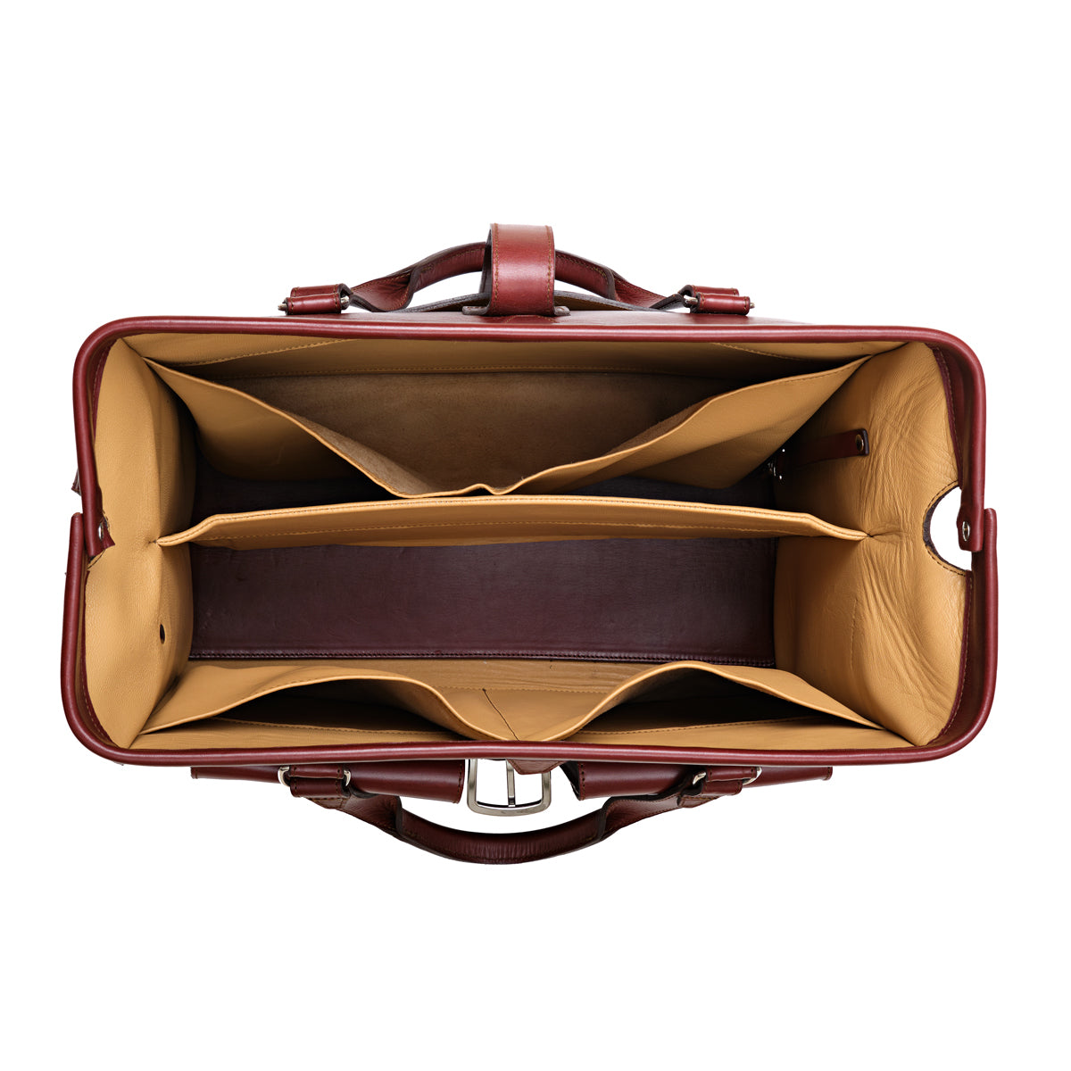 Blackstone Barrister Briefcase in Oxblood, top-down view of the open frame mouth showing tan-lined compartments