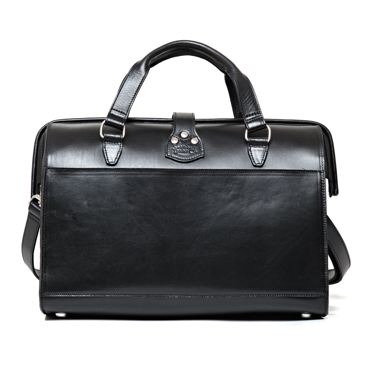 Blackstone Barrister Briefcase in Raven Black, back view with full-width slip pocket and top handles