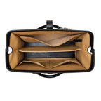 Blackstone Barrister Briefcase in Raven Black, top-down view of the open frame mouth showing tan-lined compartments