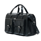 Blackstone Barrister Briefcase in Raven Black, angled side view showing the buckled pockets and gusset