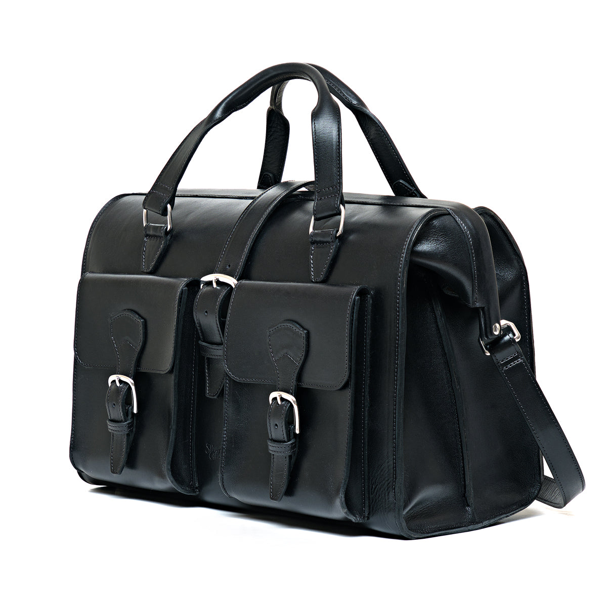 Blackstone Barrister Briefcase in Raven Black, angled side view showing the buckled pockets and gusset