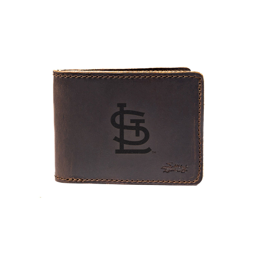 Leather Bifold Wallet in Dark Coffee Brown with embossed St. Louis Cardinals STL logo, closed front view
