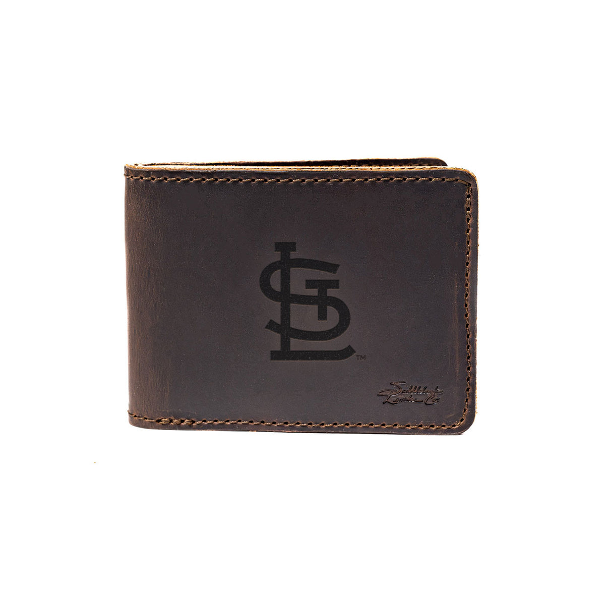 Leather Bifold Wallet in Dark Coffee Brown with embossed St. Louis Cardinals STL logo, closed front view