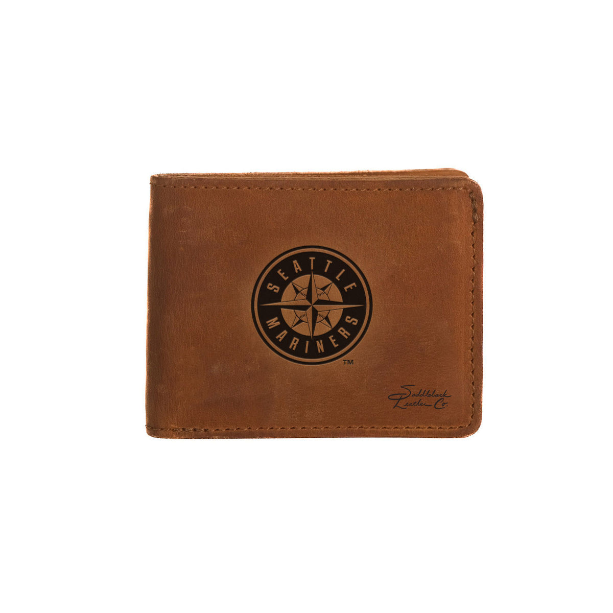 Leather Bifold Wallet in Tobacco with embossed Seattle Mariners compass logo, closed front view