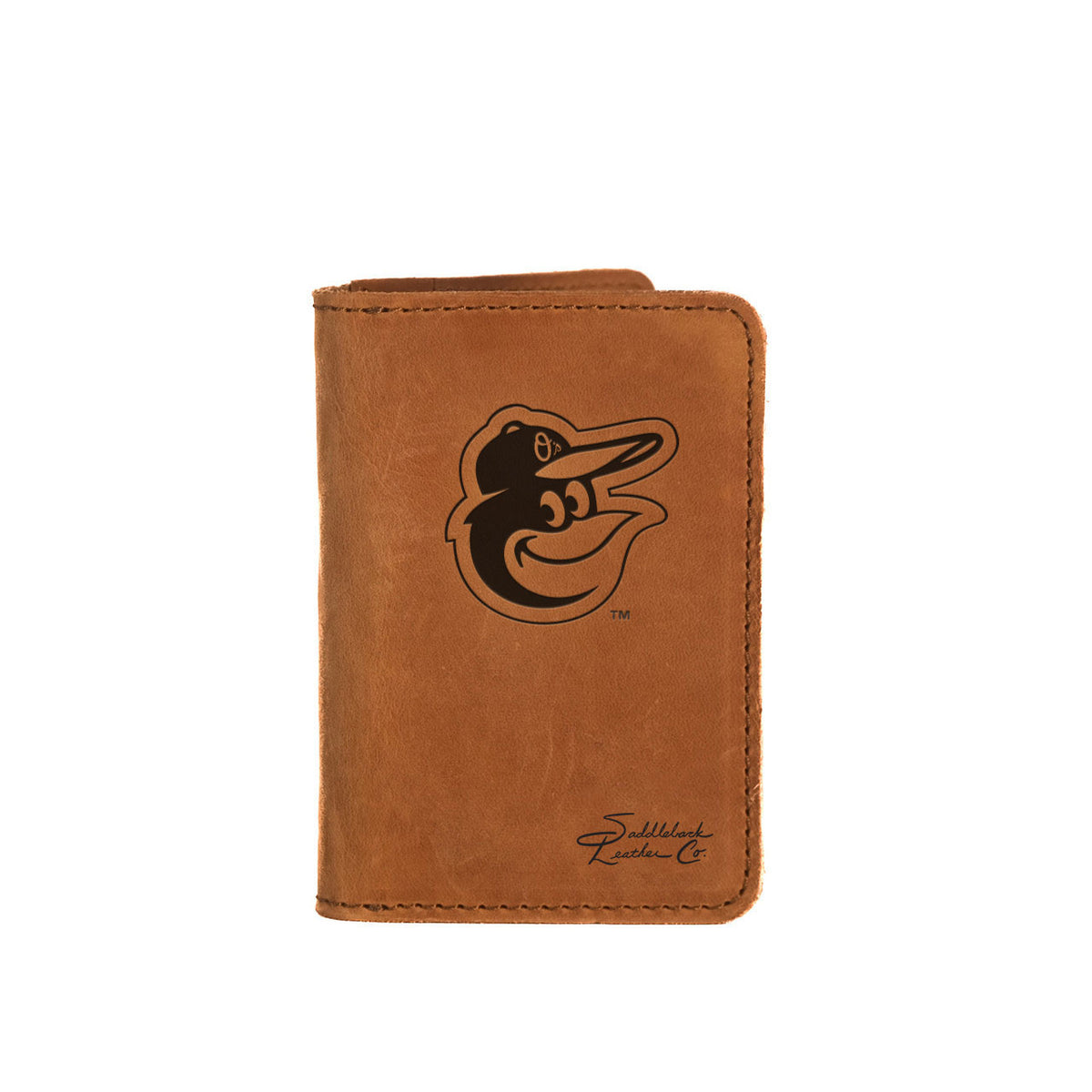Leather Business Card Holder in Tobacco with embossed Baltimore Orioles bird logo, closed with a card peeking out