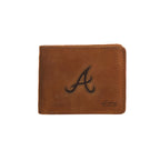 Leather Bifold Wallet in Tobacco with embossed Atlanta Braves A logo, closed front view