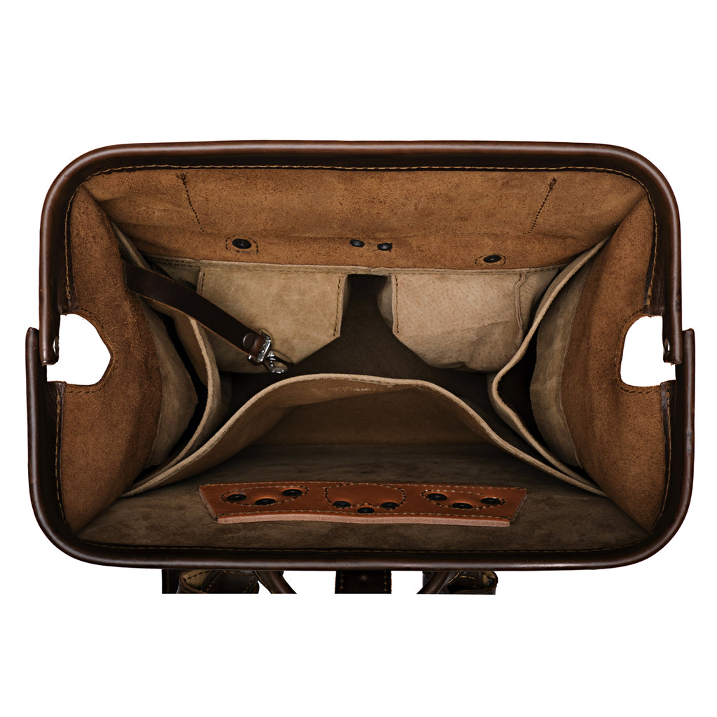 Big Mouth Leather Backpack in Dark Coffee Brown, top view of the wide-open mouth showing interior pockets