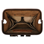 Big Mouth Leather Backpack in Dark Coffee Brown, top view of the wide-open mouth showing interior pockets