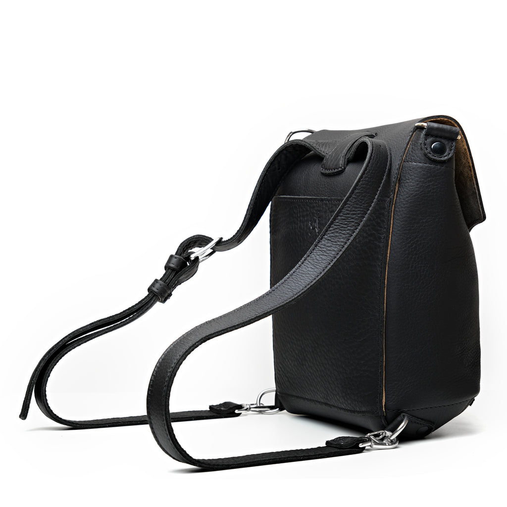 10" Convertible Crossbody in Black, angled back view with straps set up as a backpack