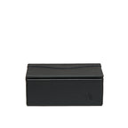 Small Organizer Box in Black, closed with embossed logo, straight-on front view