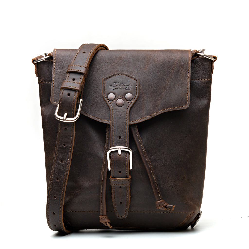 10" Convertible Crossbody in Dark Coffee Brown, front view with buckled flap, drawstring ties and strap
