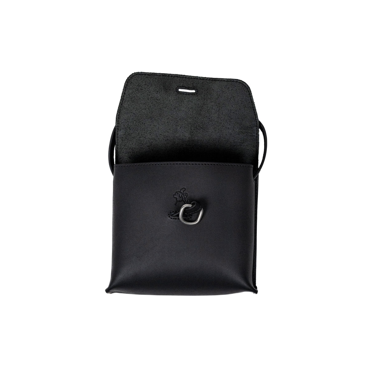 Leather Organizer Bag in Black with the flap lifted to show the metal ring and embossed logo