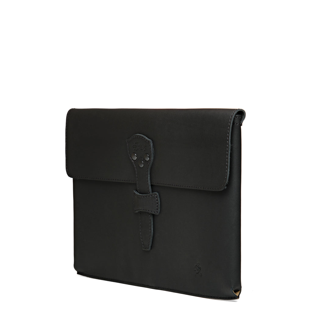 16" Document Holder in Black, standing upright at an angle with riveted strap closure