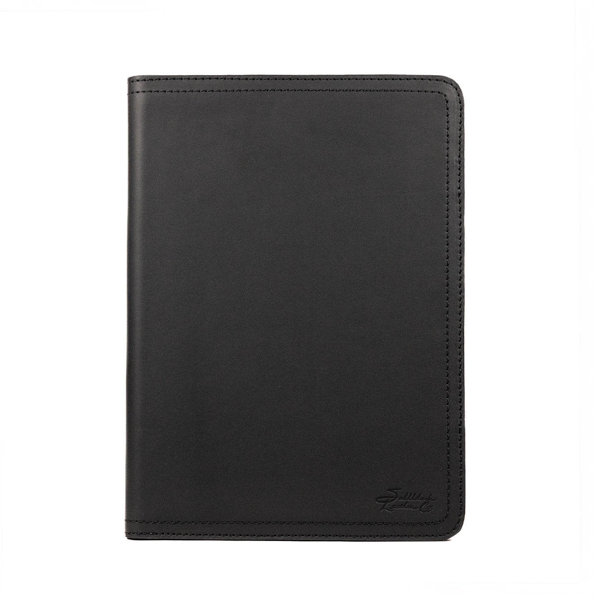 Old Design Medium Leather Portfolio in Black, closed front view with stitched edges and logo