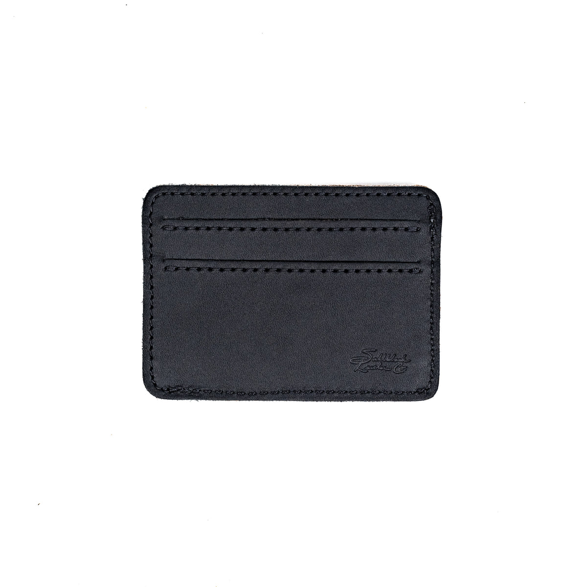 Front Pocket Leather ID Wallet in Black, flat front view with two stitched card slots