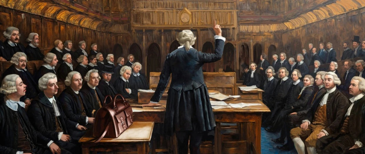 Blackstone Barrister Briefcase in Oxblood on a courtroom table as a barrister in a wig addresses the room