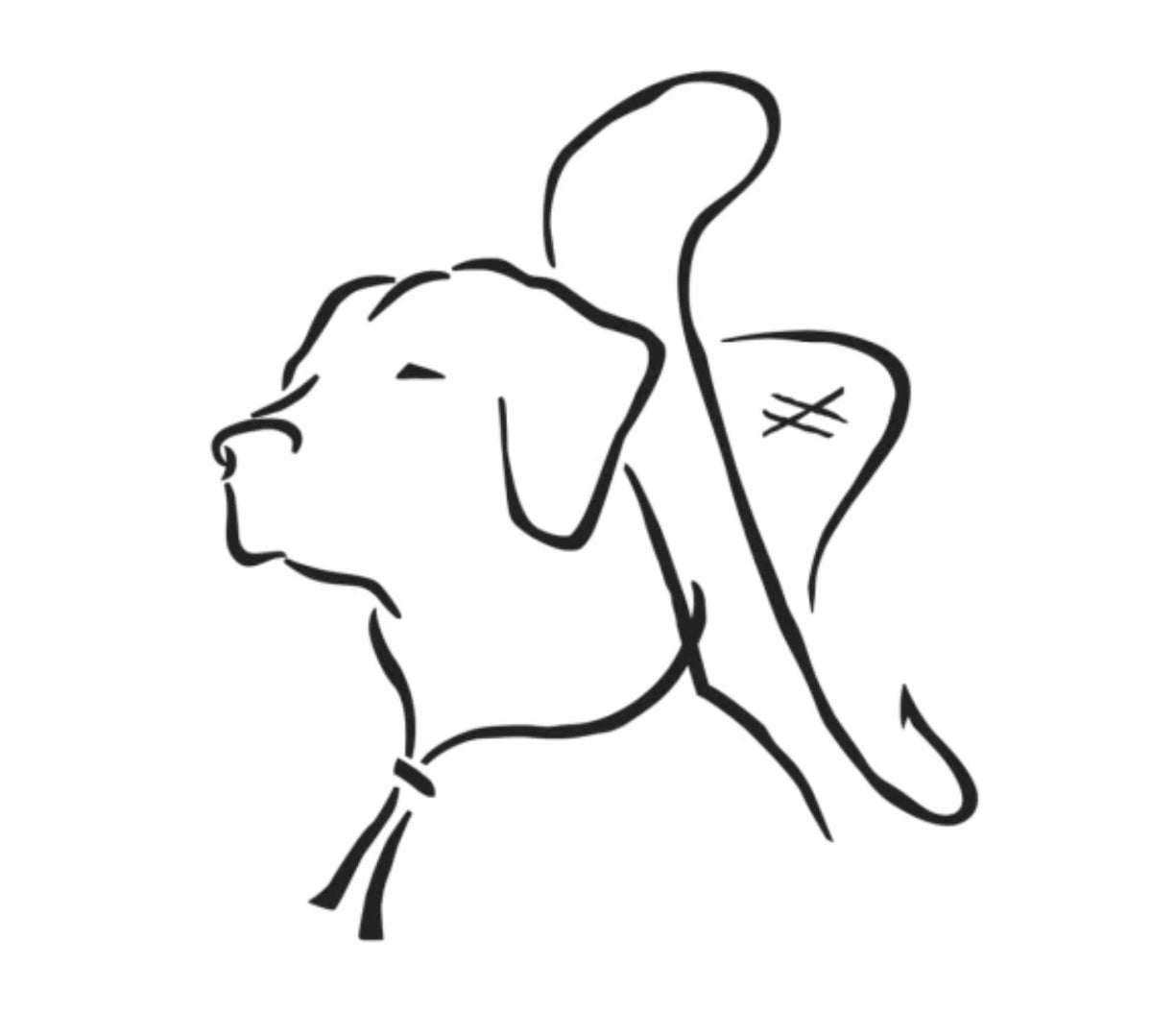 An ink line drawing of a Labrador's head in profile, chin raised and eyes closed, a bandana knotted at the neck.