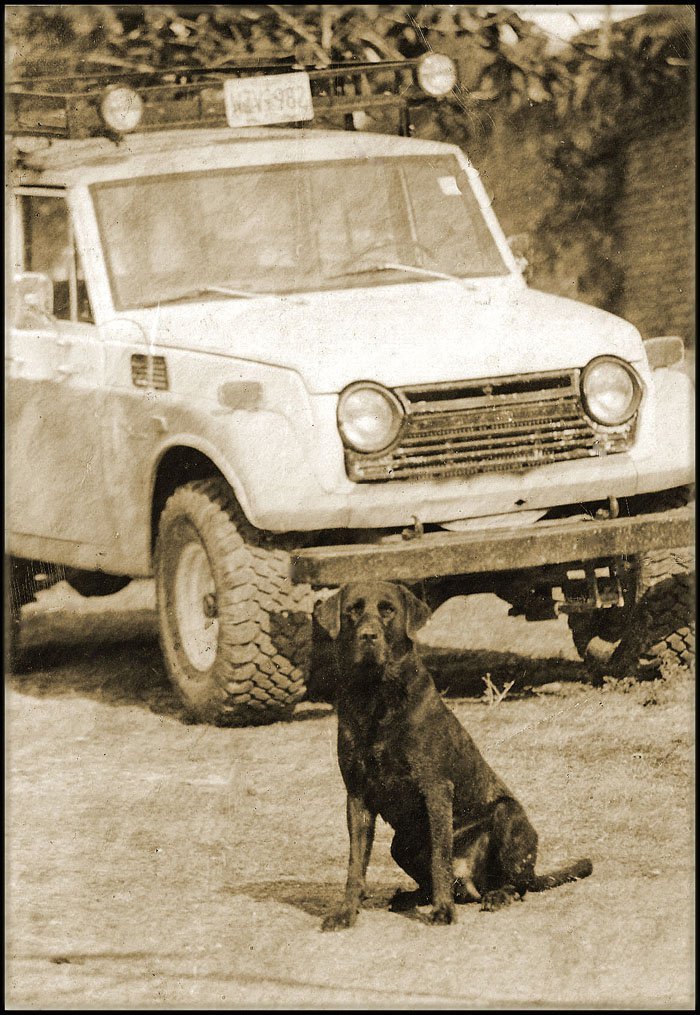 An old sepia photograph of Blue, a black Labrador, sitting in the dirt in front of a white vintage Toyota Land Cruiser with a roof rack and spotlights.