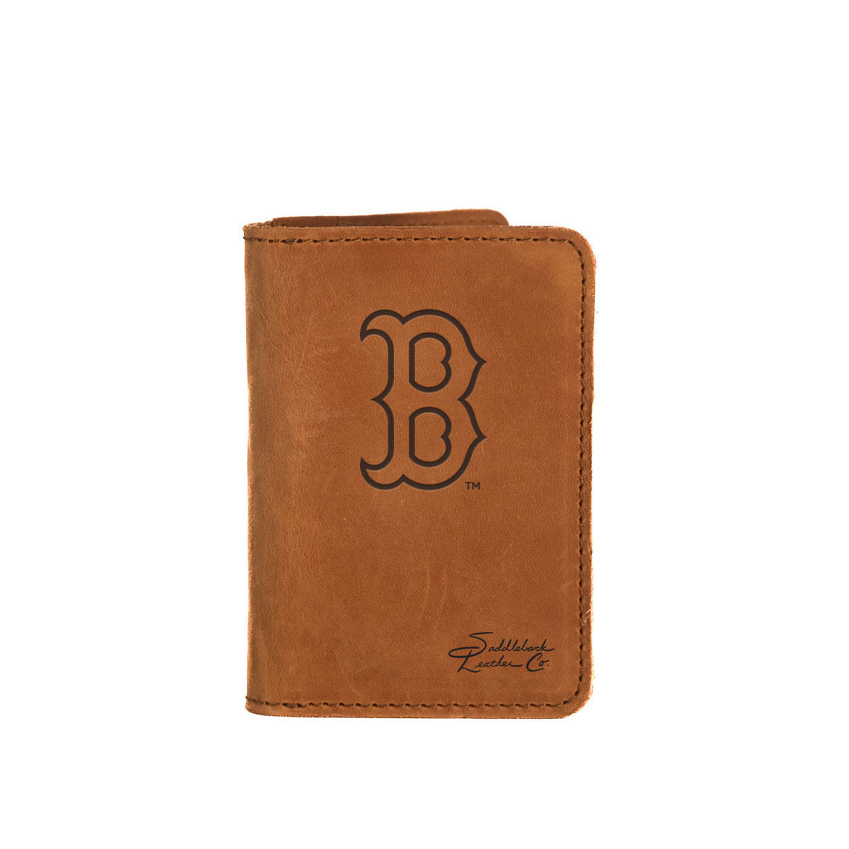 Leather Business Card Holder in Tobacco with embossed Boston Red Sox B logo, closed with a card peeking out