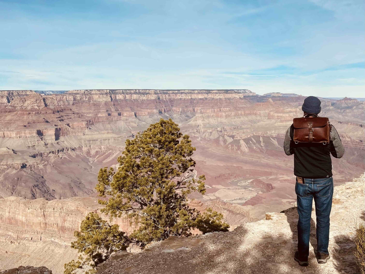 Man wearing a leather slim briefcase as a backpack while overlooking the Grand Canyon