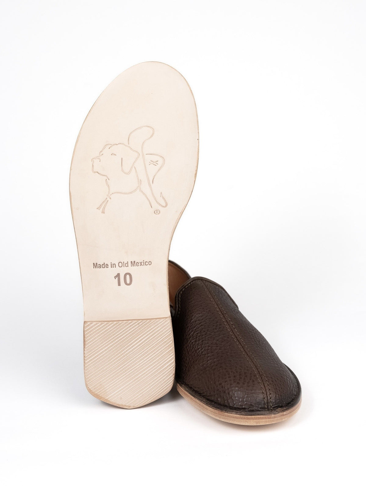 Barefoot Slip-on Shoe in Dark Coffee Brown, leather sole with embossed logo and size stamp