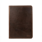 Old Design Medium Leather Portfolio in Dark Coffee Brown, closed front view with stitched edges and logo
