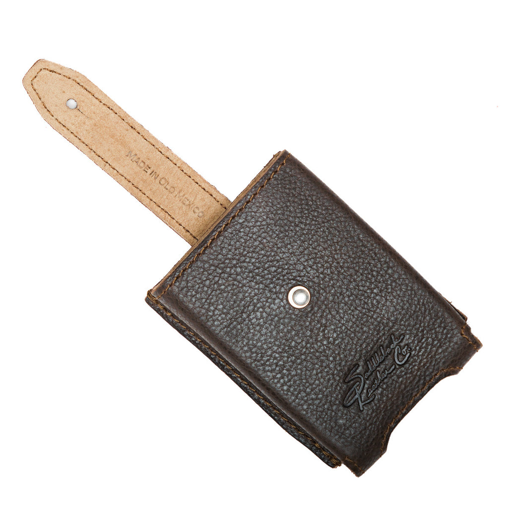 Leather Playing Cards Case in dark brown, flap unsnapped and extended showing snap stud and logo