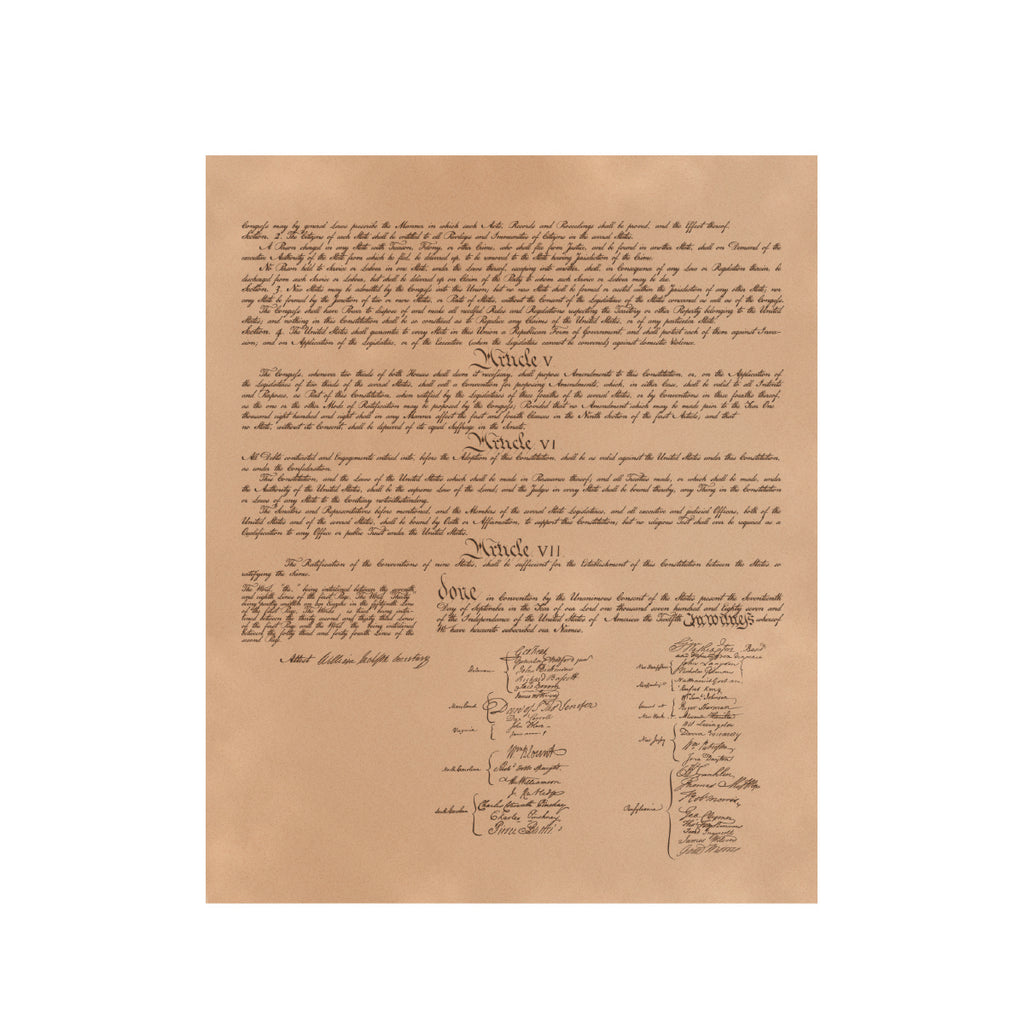 Leather Constitution of the United States - Natural, page four with Articles V to VII and signatures on tan leather