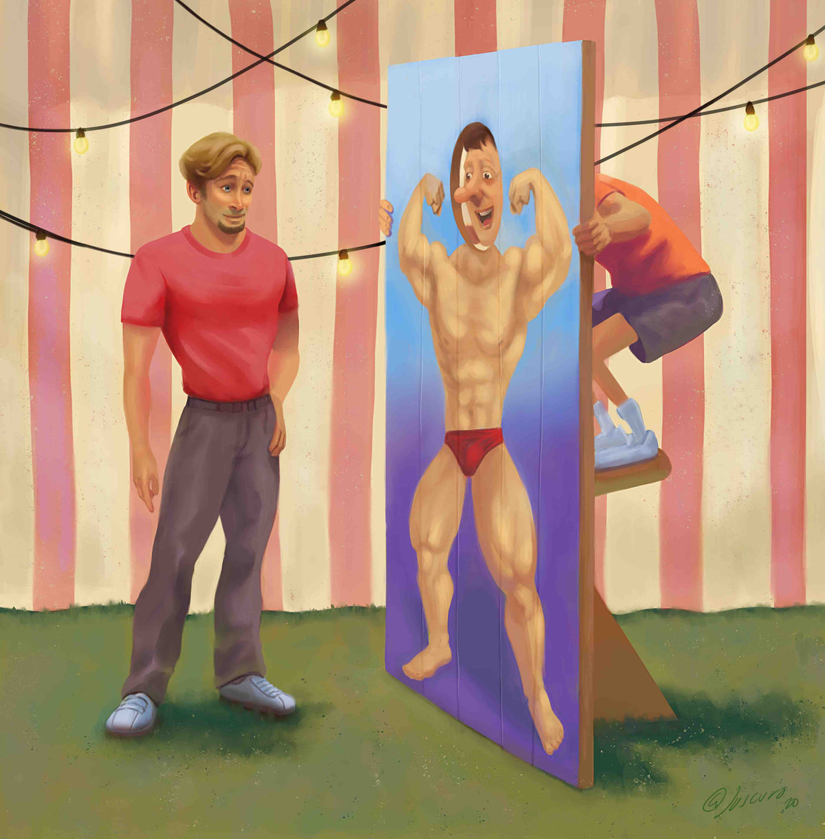Illustration at a fair: a man in a red T-shirt eyes a painted bodybuilder cutout, while a much slighter man on a stool behind it pokes his face through the hole.